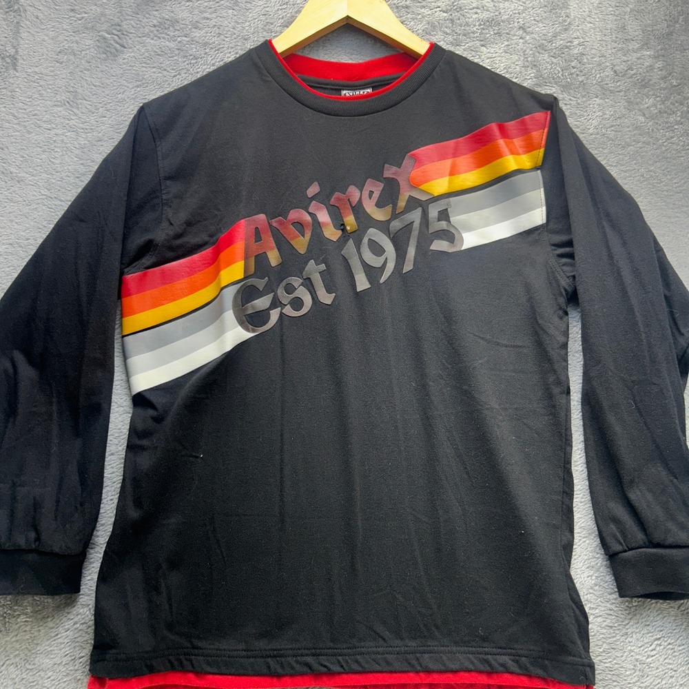 Avirex Est 1975 Long Sleeve Graphic Shirt Black‎ Red Boys L 14/16 Retro Striped